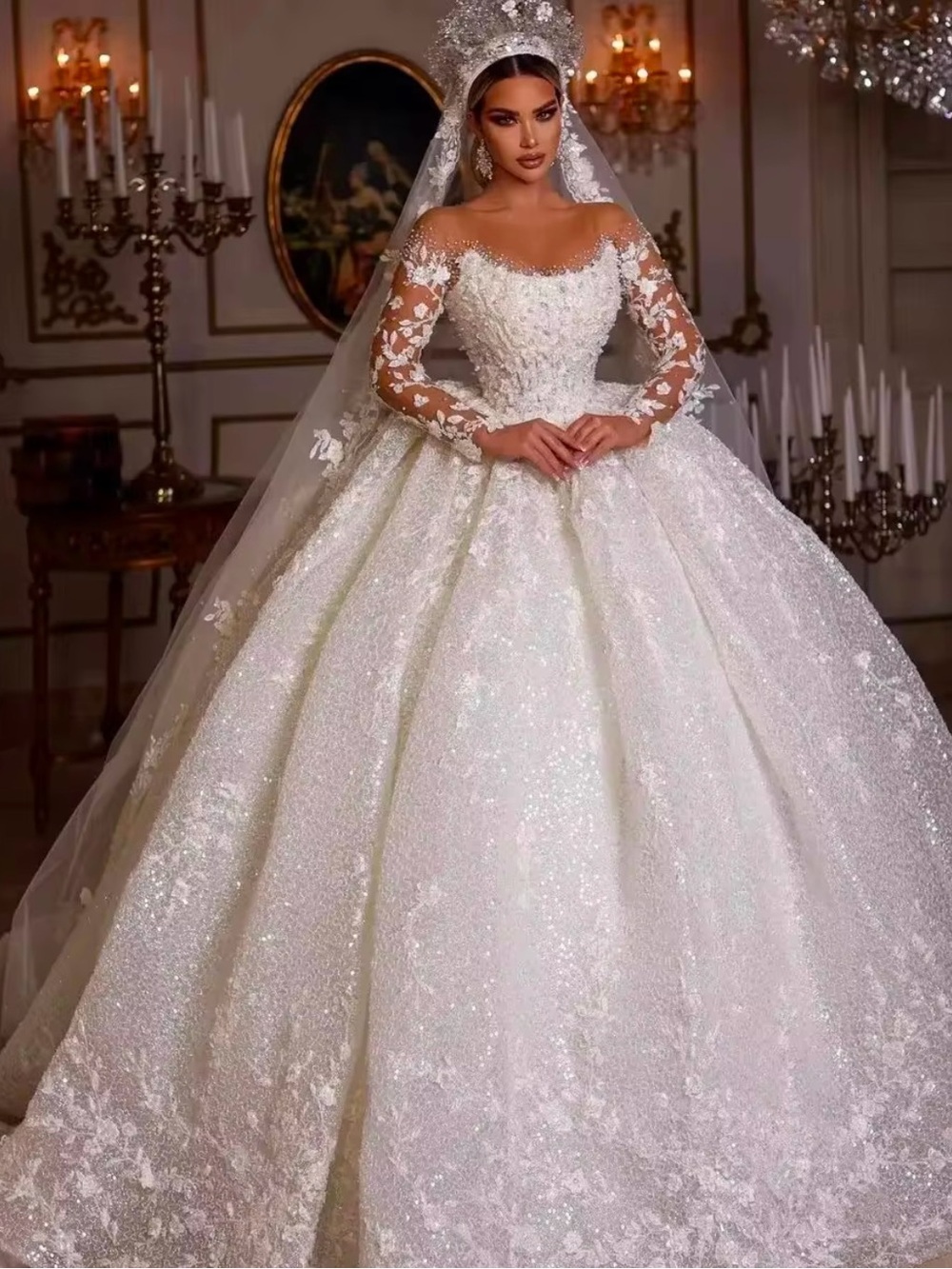 Elegant White Lace Ball Gown Wedding Dress with Illusion Sleeves